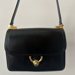 Gucci 2 Way Black Leather Shoulder Bag with Gold Accents